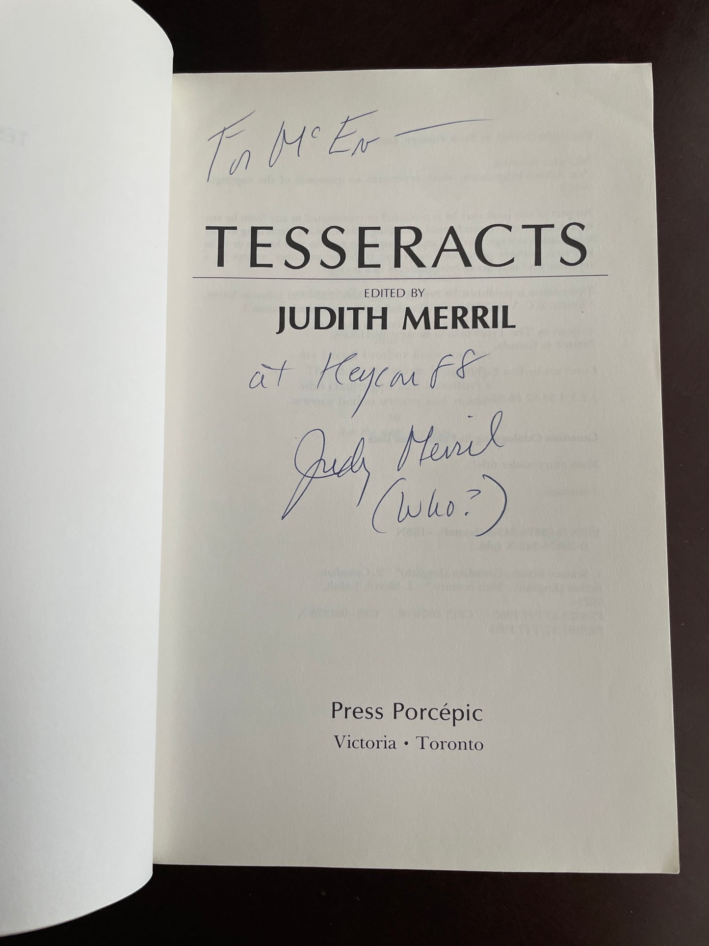 Tesseracts: Canadian Science Fiction (INSCRIBED) - Merril, Judith