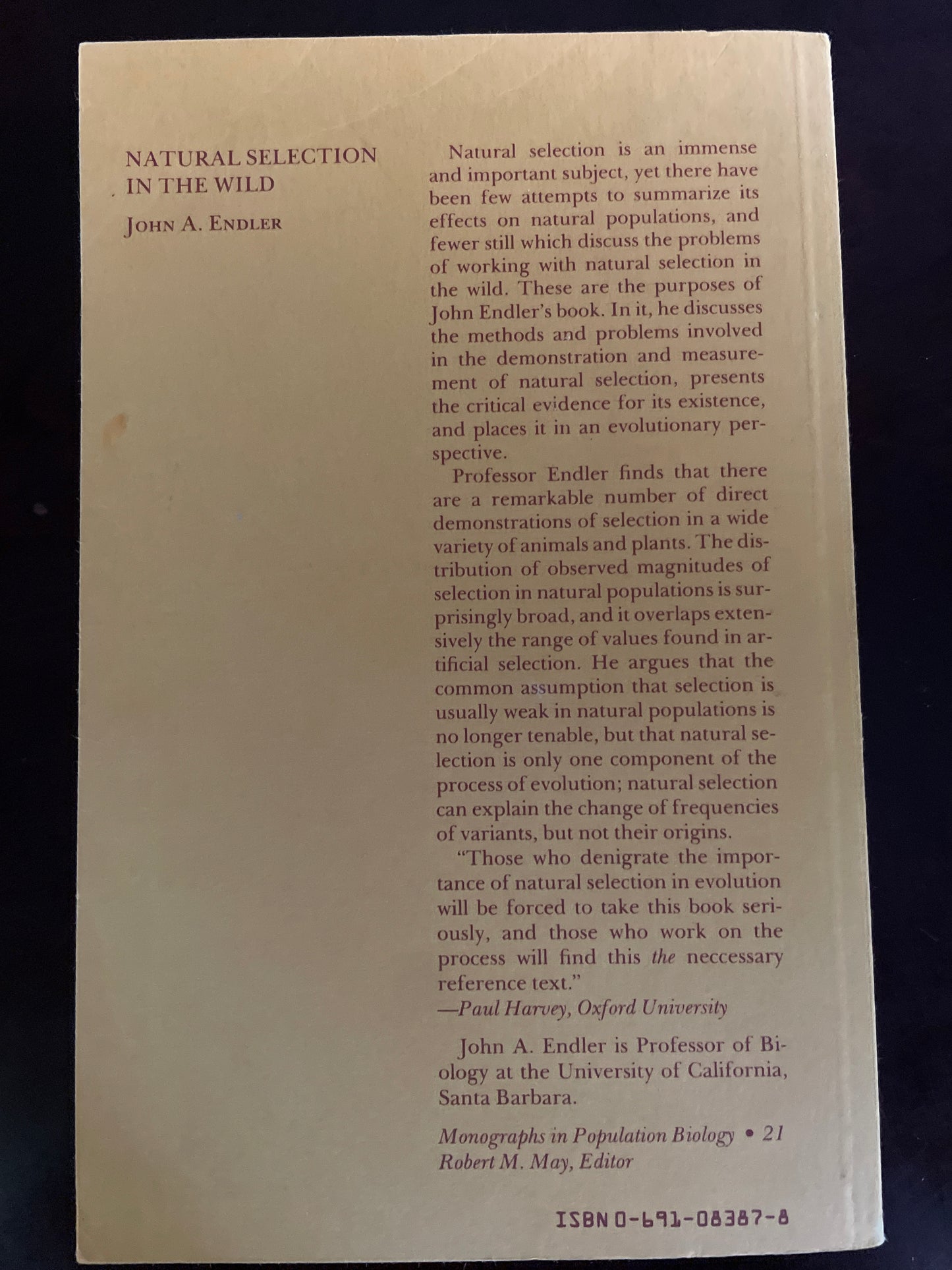 Natural Selection in the Wild (Monographs in Population Biology-21) - Endler, John A.