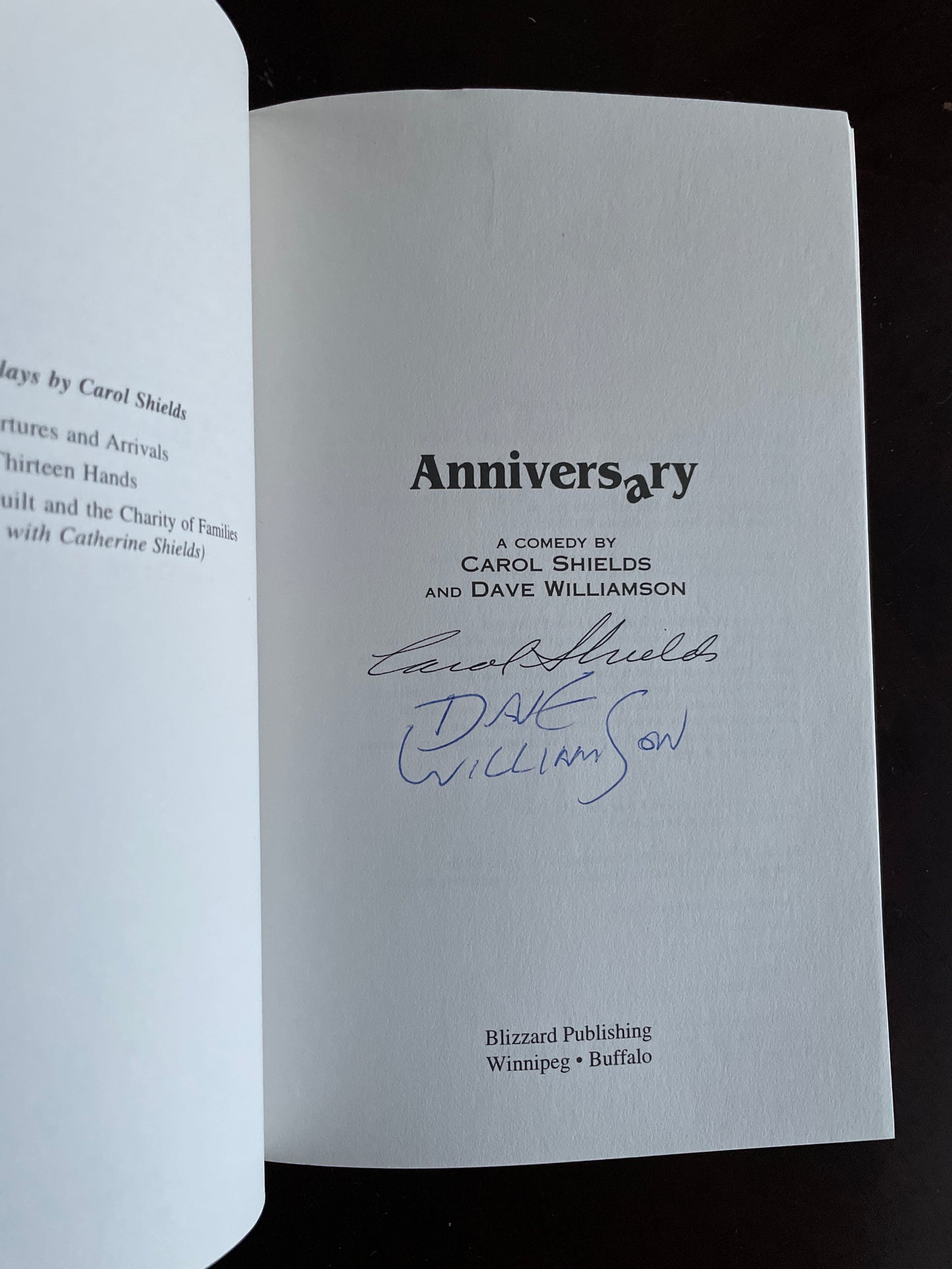 Anniversary: A Comedy (Signed) - Shields, Carol; Williamson, Dave