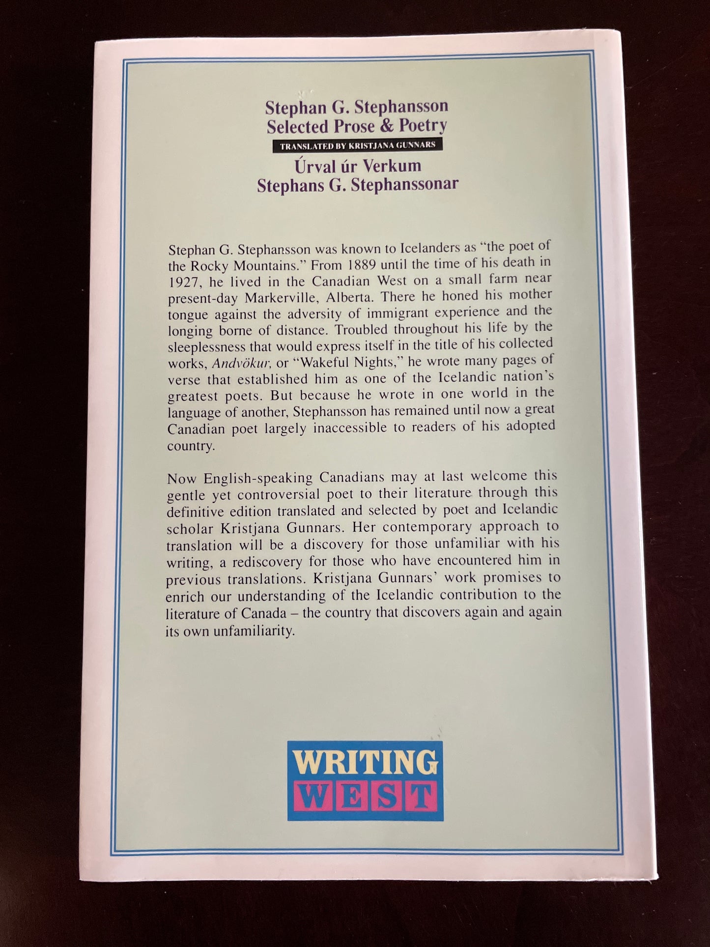 Stephan G. Stephansson: Selected Prose and Poetry (English and Icelandic Edition) - Verkum, Urval Ur; Stephanssonar, Stephans G.; Gunnars, Kristjana