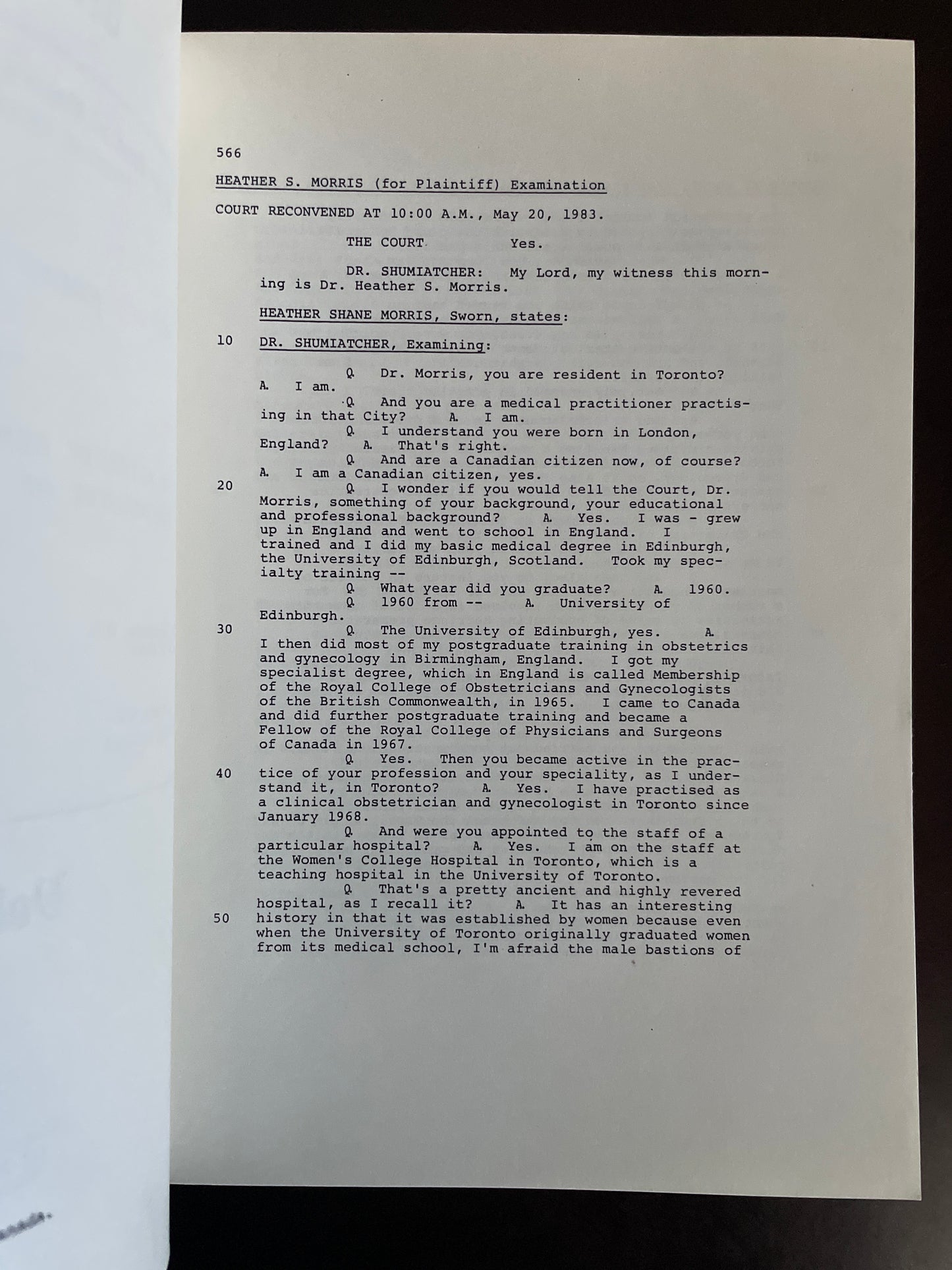 Trial for life: Between Joseph Borowski, plaintiff, and the Attorney General of Canada and the Minister of Finance of Canada, defendants. Volume II - Court of Queen's Bench for Saskatchewan