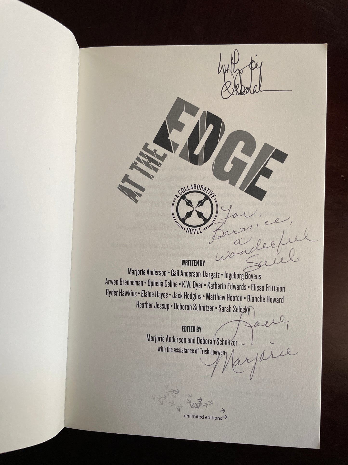 At the Edge: A Collaborative Novel (Inscribed) - Anderson, Marjorie; Schnitzer, Deborah