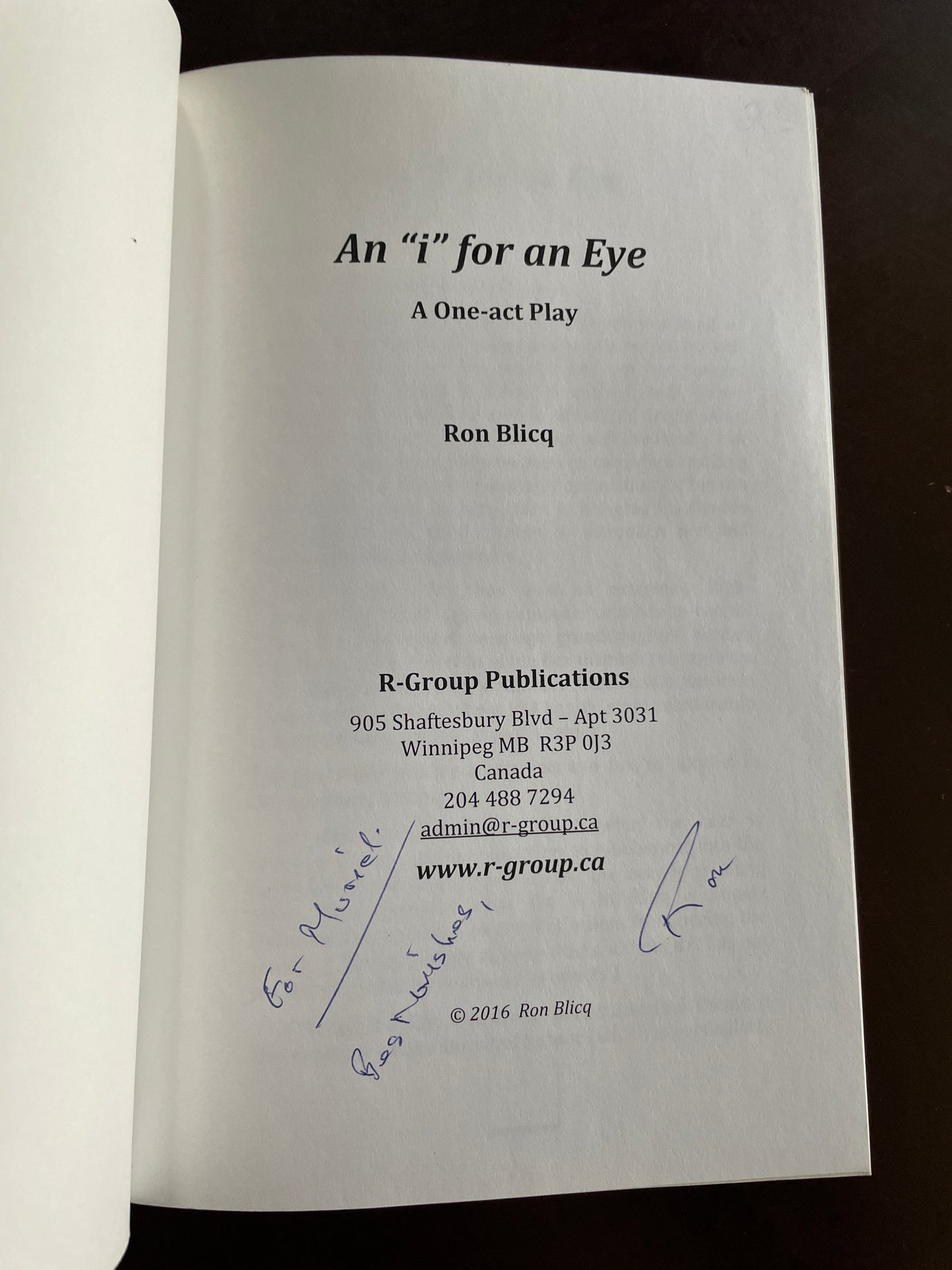 An "i" for an Eye - A One-act Play (Signed) - Blicq, Ron