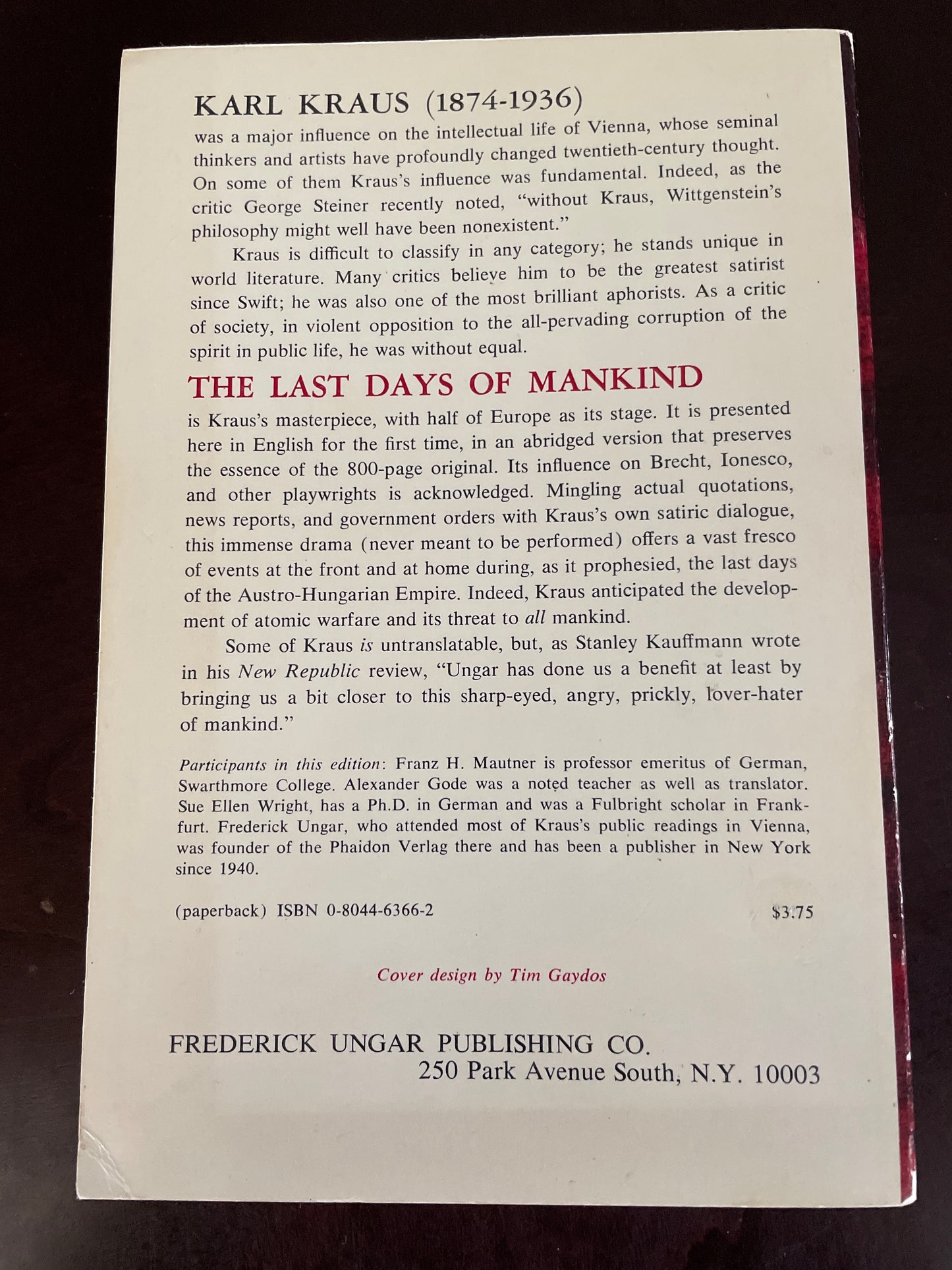 The Last Days Of Mankind: A Tragedy In Five Acts - Kraus, Karl