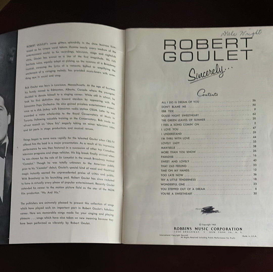 Robert Goulet Sincerely... (Sheet Music) - Goulet, Robert